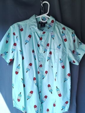 Men's Light Blue Popsicle-Print Short Sleeve Button-Down Shirt by Hollywood